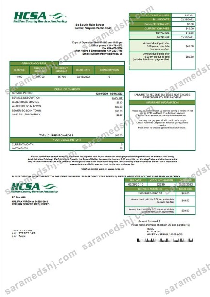 USA Virginia HCSA utility bill template in Word and PDF format